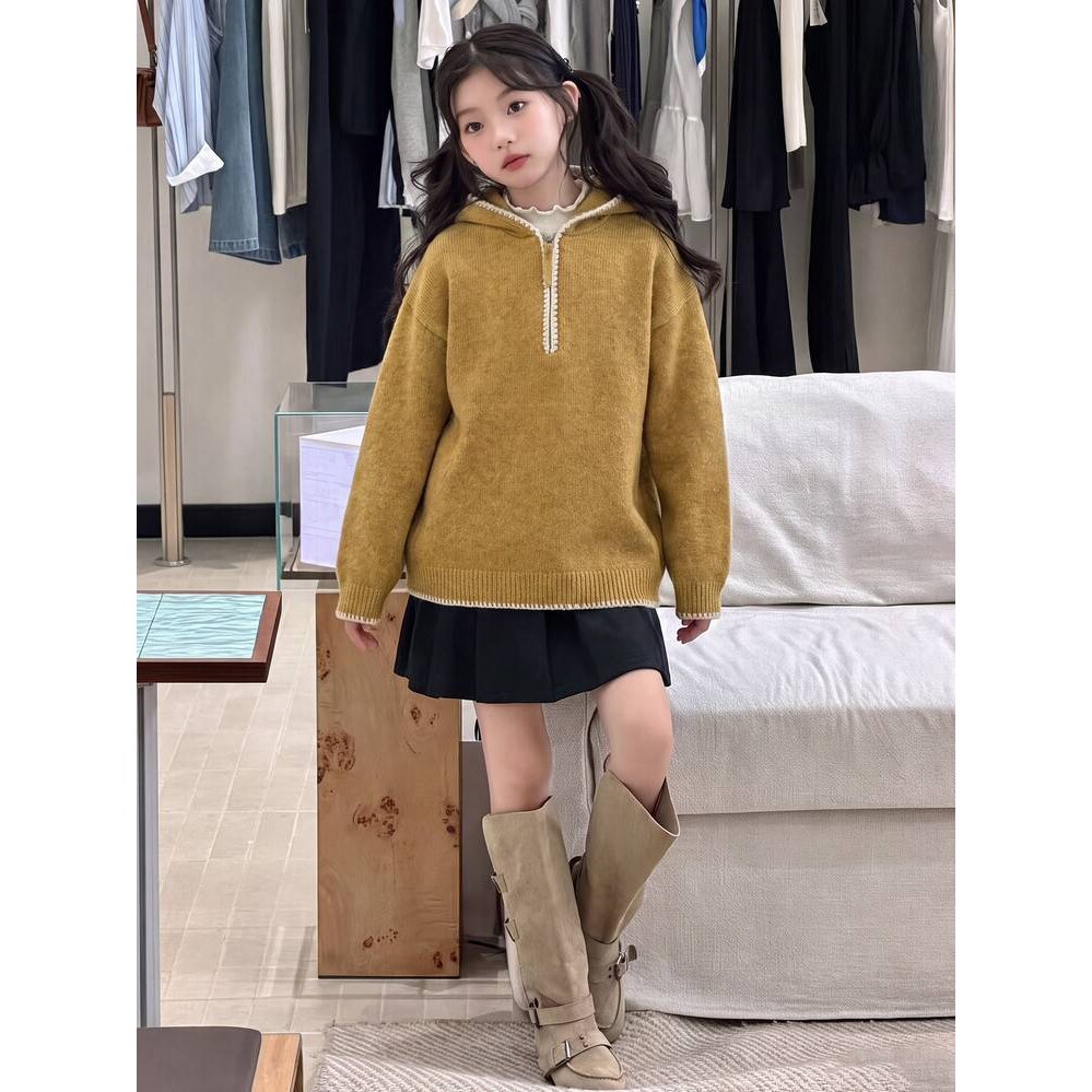 品牌专柜半拉链连帽毛衣女童2026秋冬穿搭慵懒宽松套头针织衫内搭