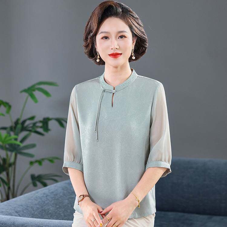 品牌专柜中老年女装高贵复古短袖中式小衫2026妈妈夏季旗袍领仿真