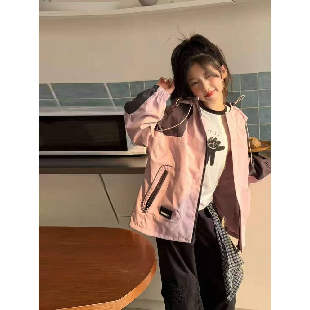 品牌专柜女童拼色冲锋衣外套春秋款洋气中大童秋装韩版时髦户外夹