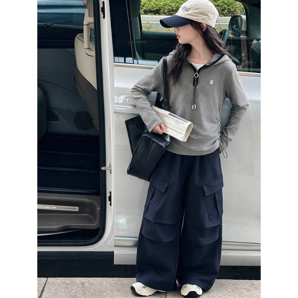 品牌专柜女童卫衣帽衫秋装2026新款中大童条纹春秋款假两件上衣工