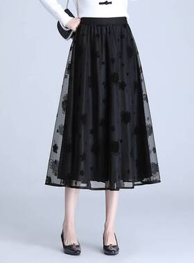 品牌专柜两面穿网纱A字裙垂感修身时尚大摆裙2026年春夏款高腰休