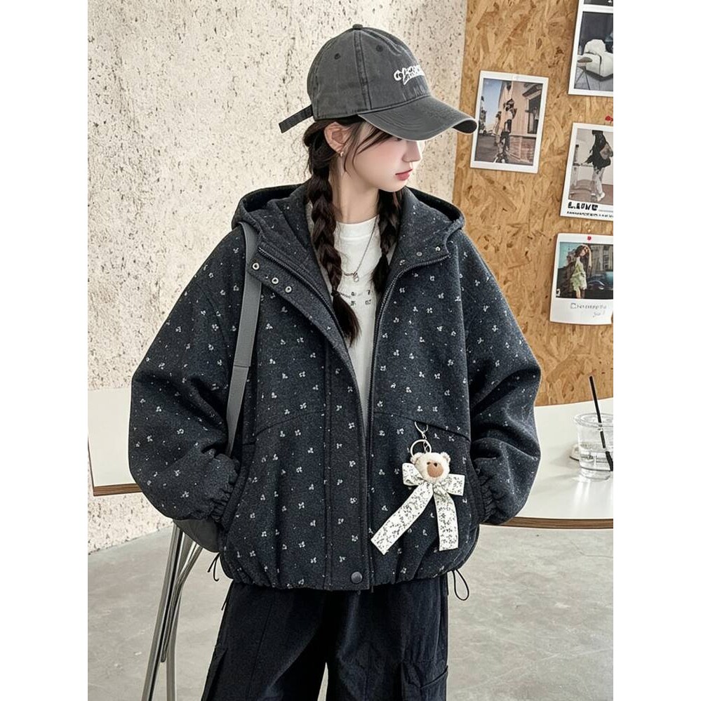 品牌专柜女童韩系碎花连帽外套秋装2026新款女大童春秋款儿童毛呢