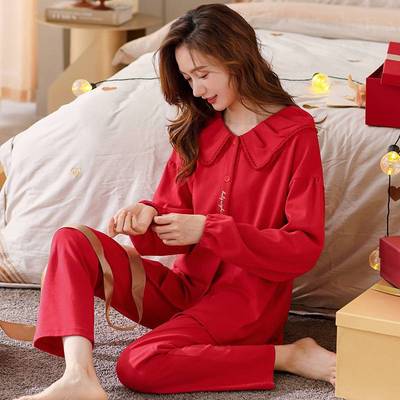 品牌专柜结婚睡衣女春秋纯棉长袖大红色喜庆新婚新娘家居服全棉本