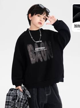 品牌专柜男大童秋冬季黑色酷帅半高领加绒加厚卫衣2025新款儿童装