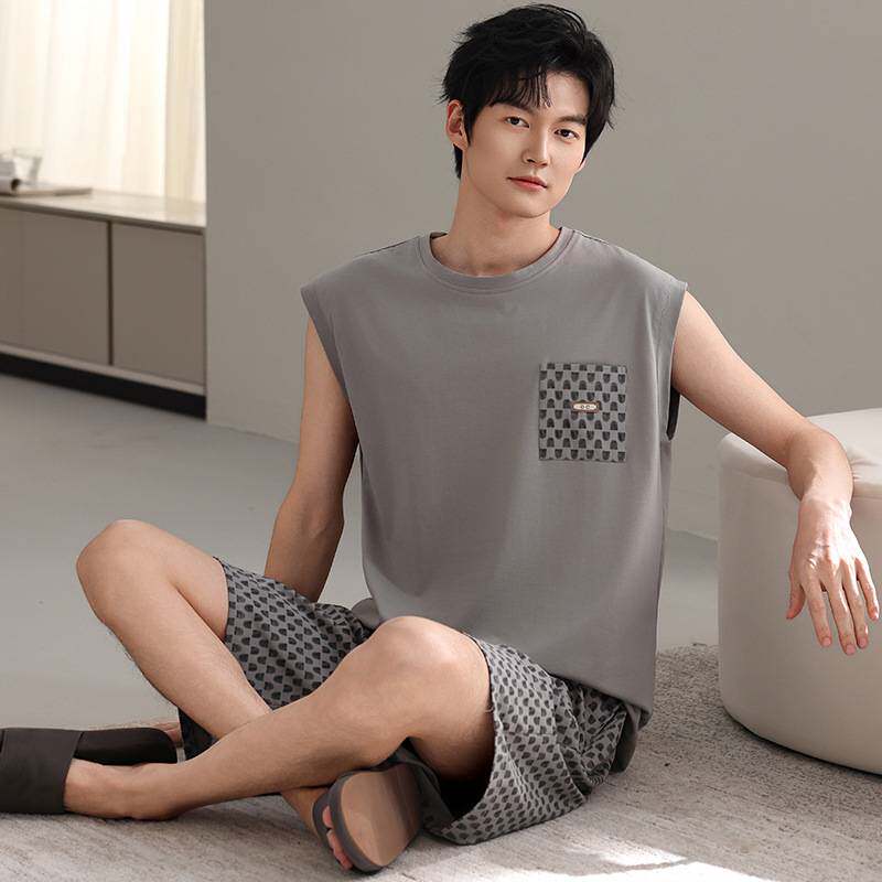 品牌专柜男士睡衣夏季2026新款薄款无袖背心短裤凉感冰丝可外穿家