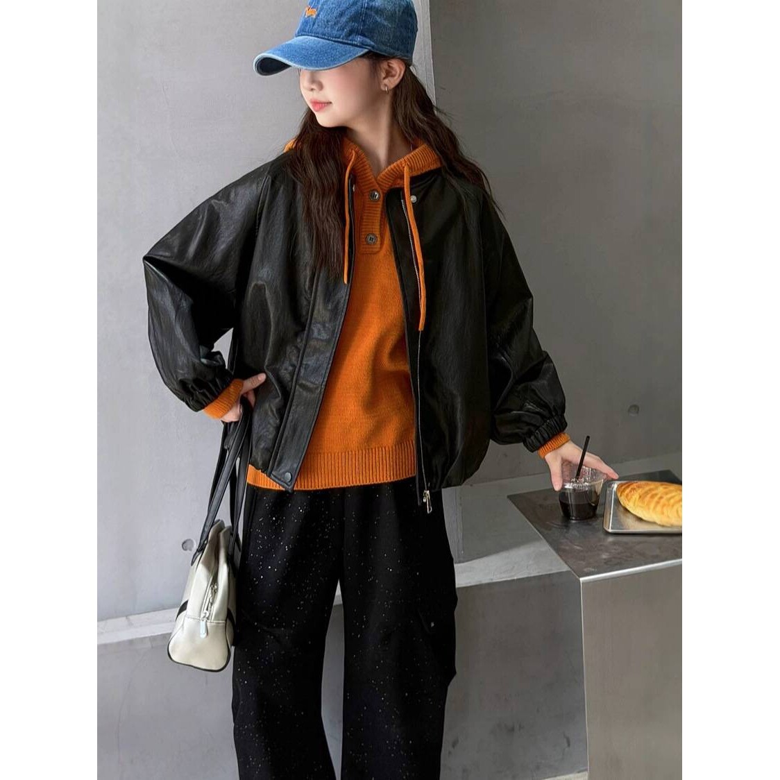 品牌专柜女童皮衣外套2026春季新款儿童连帽针织衫大童皮夹克两件