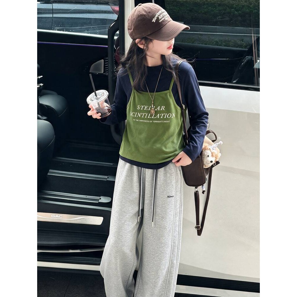 品牌专柜女童套装春秋款2026新款儿童时髦女大童假两件打底衫卫裤