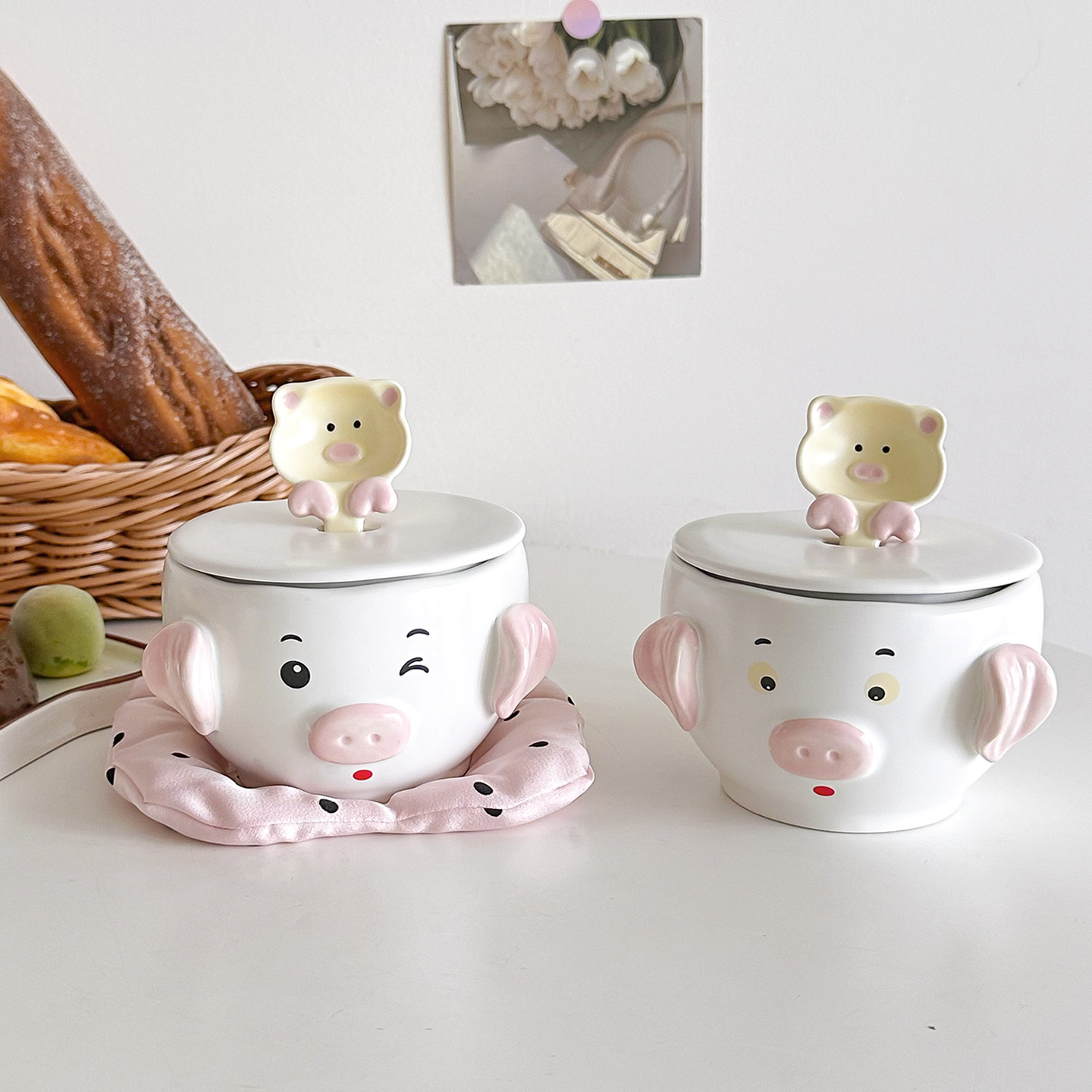 可爱猪猪陶瓷杯生日礼物带盖勺马克杯个性搞怪家用办公室咖啡杯