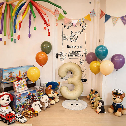 简笔画定制生日挂布3岁男孩生日场景布置装饰背景布数字气球彩色