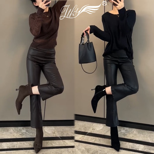 高级感黑色PU微喇皮裤女秋冬2025新款高腰显瘦修身减龄直筒九分裤