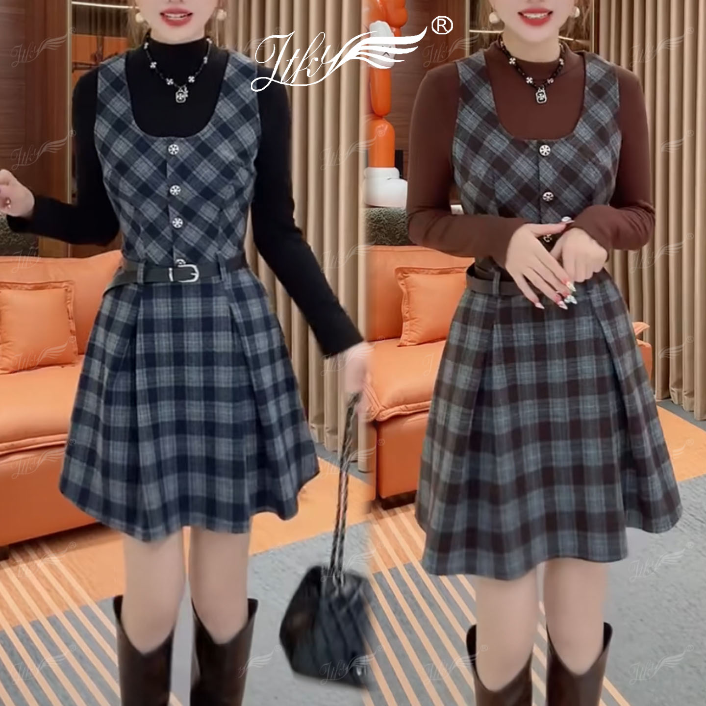 2025冬季新款圆领打底衫+高腰无袖连衣裙两件韩系时尚格子套装裙