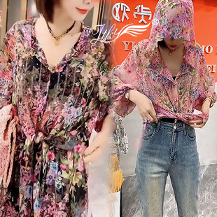 長袖 寬松印花時尚 春季 百搭顯瘦遮肉開衫 襯衣 新款 碎花鑲鉆連帽襯衫