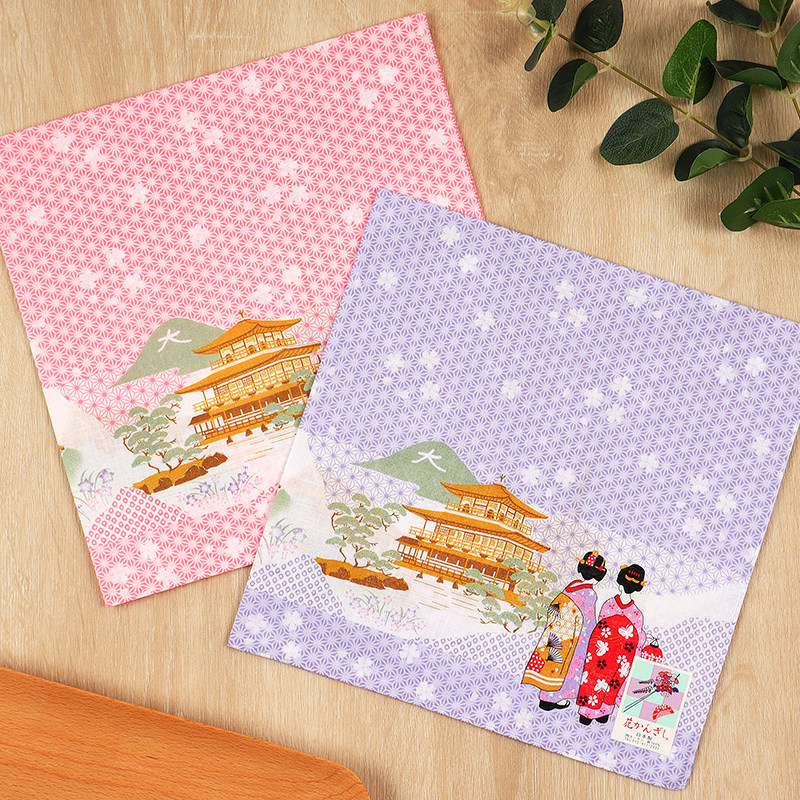 京友禅手帕方巾日系日本进口手绢纯棉薄款金阁寺和风美人日式围巾