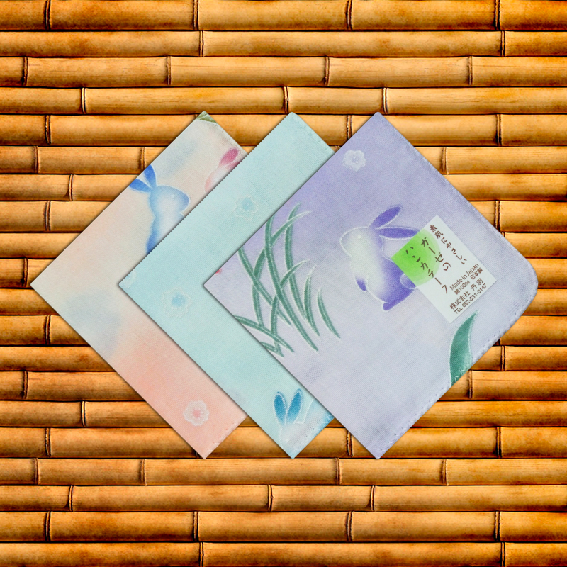 日本制造女士手帕纯棉吸汗手绢擦汗全棉双层棉纱厚款兔子印花方巾