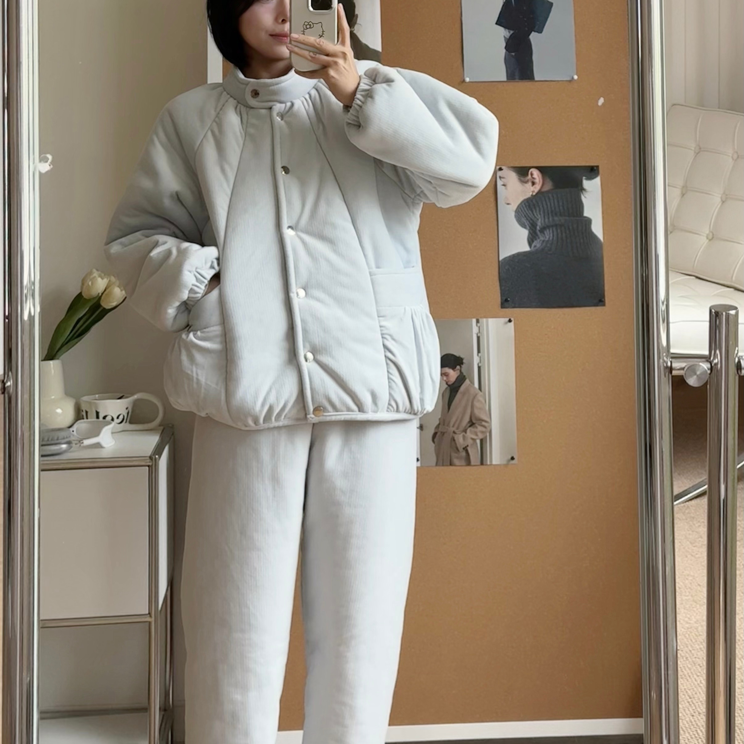 2025新款三层加绒加厚家居服小立领简约风可外穿保暖居家套装