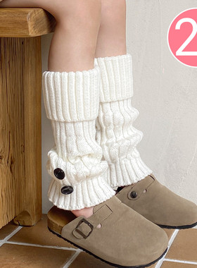 女童孩春秋冬季白色毛线针织堆堆袜套儿童韩版纽扣长高中筒袜子