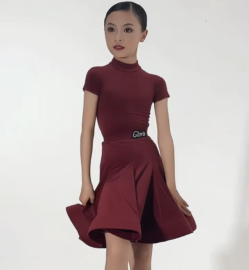 儿童拉丁舞服女少儿练功考级舞蹈小高领短袖分体鱼摆裙比赛规定服