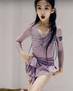 拉丁舞裙女童少儿显白拉丁舞裙长袖 练功训练服舞蹈演出香芋紫套装