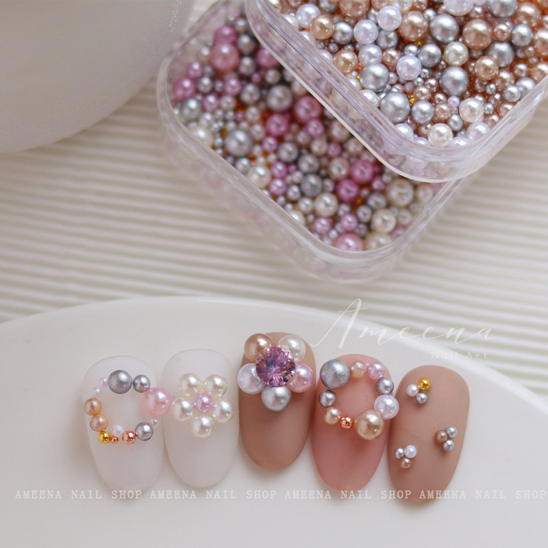 Ameena日式高亮无孔全圆彩色不掉皮混色珍珠钢珠百搭套装指甲装饰