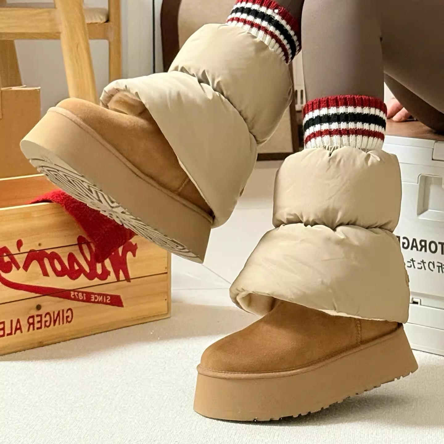 吴宣仪同款泡芙mini厚底雪地靴女2024冬季羊皮毛一体防水保暖棉鞋