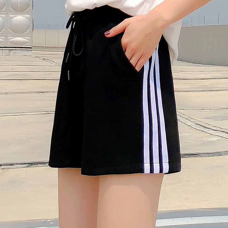 高腰三条杠全棉运动裤女装短裤夏港风条纹校服裤学生宽松休闲阔腿