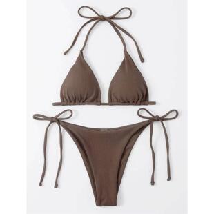 比基尼bikin 小坑条分体泳装 欧美风INS新款 度假沙滩系带性感三点式