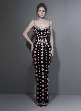 新款黑色无袖U领烫钻长裙优雅修身绷带礼服欧美气质聚会交际晚装