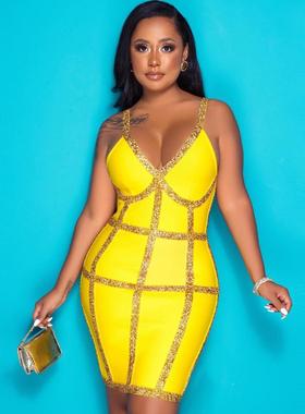黄色性感深V格子绷带裙连衣裙短紧身弹力生日小礼服bandage dress