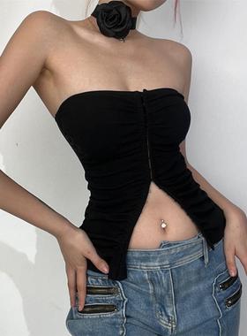 音乐节辣妹穿搭黑色褶皱抹胸背心女外穿内搭小众设计显瘦短款上衣