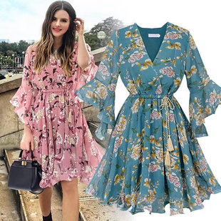 fashion dress chiffon skirt女 floral neck women big summer