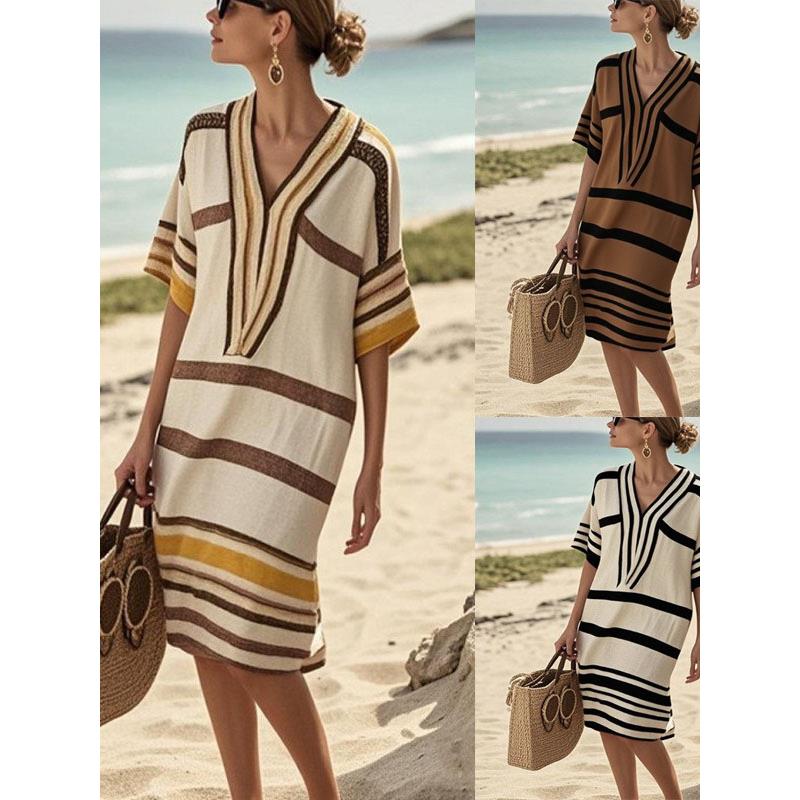 欧洲和美国亚马逊独立站数字印花条纹V领宽松波西米亚中袖连衣裙