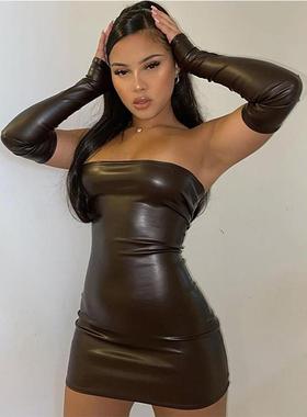 欧美女装夜性感抹胸裹胸红色连衣裙套装紧身短裙包臀裙连身裙皮裙