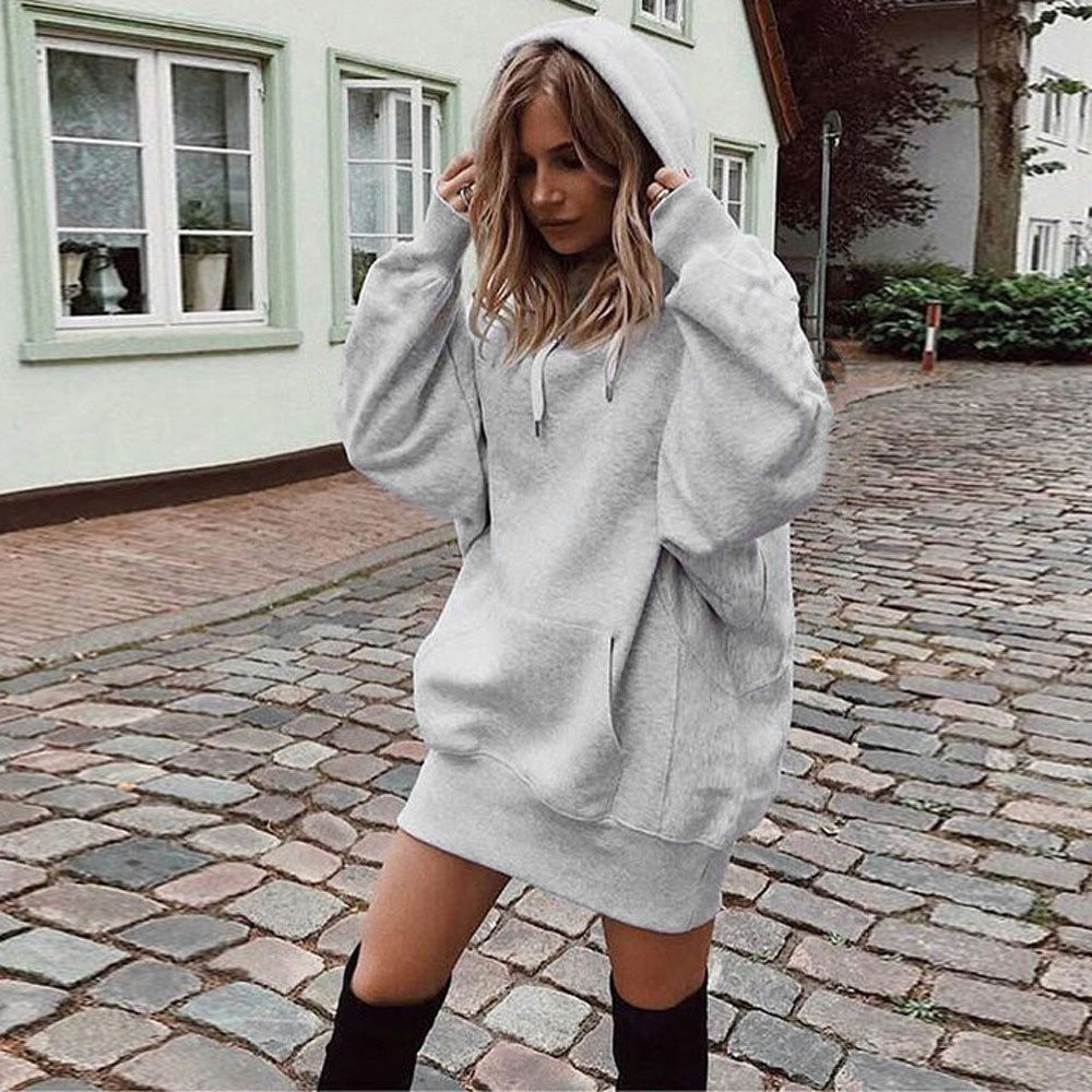 women long Sweatshirts抓绒连帽宽松休闲中长款卫衣裙Oversize