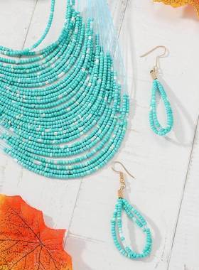 多层米珠女士项链耳环套装手工鱼线米珠项链欧美时尚外贸饰品2025