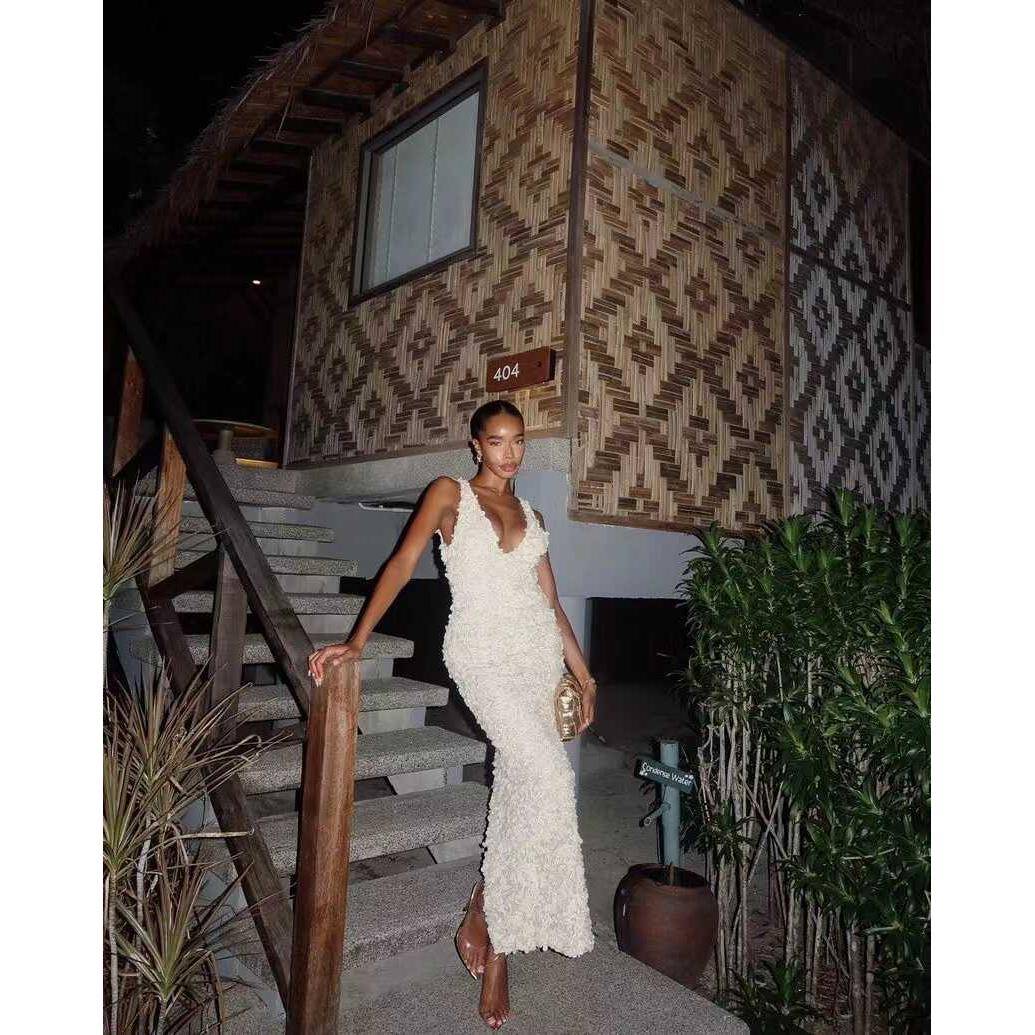 欧美时尚经典女装气质3D花朵V领无袖包臀连衣裙中长裙杏色辣妹裙