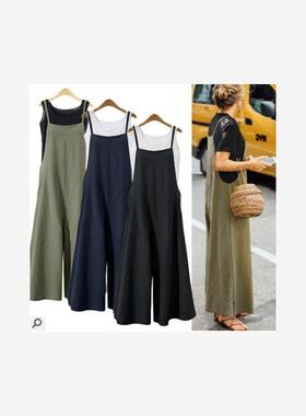 200斤外贸特大码女装速卖亚马逊欧美风休闲背带阔脚裤宽松显瘦潮