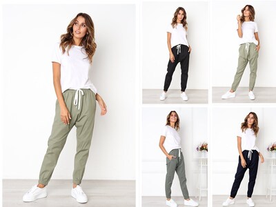 Womens trousers elastic waist nine points casual