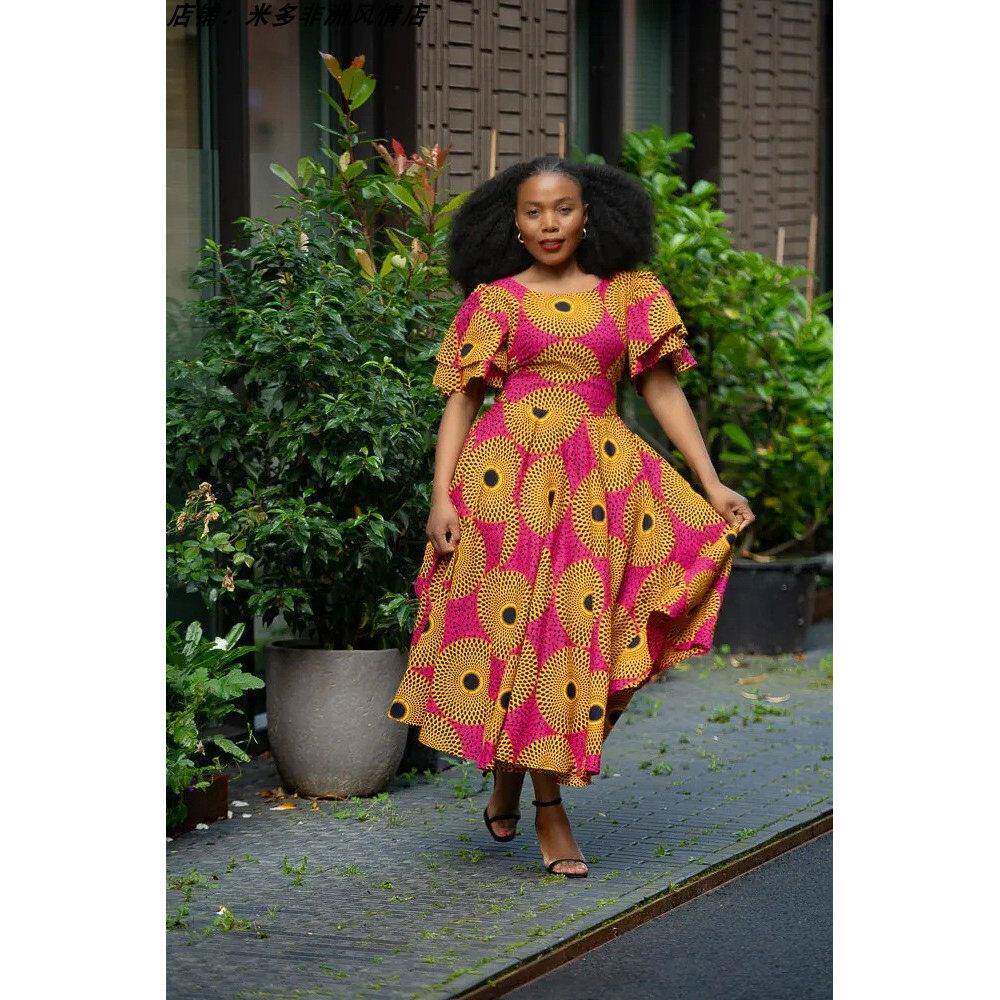 非洲女装圆领收腰双层荷叶边短袖印花大裙摆连衣裙African dress