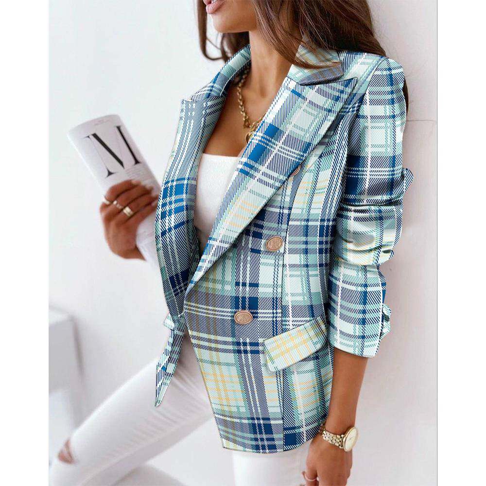 独立站速卖通秋冬季欧美街头新款长袖双排扣时尚印花西装小外套女