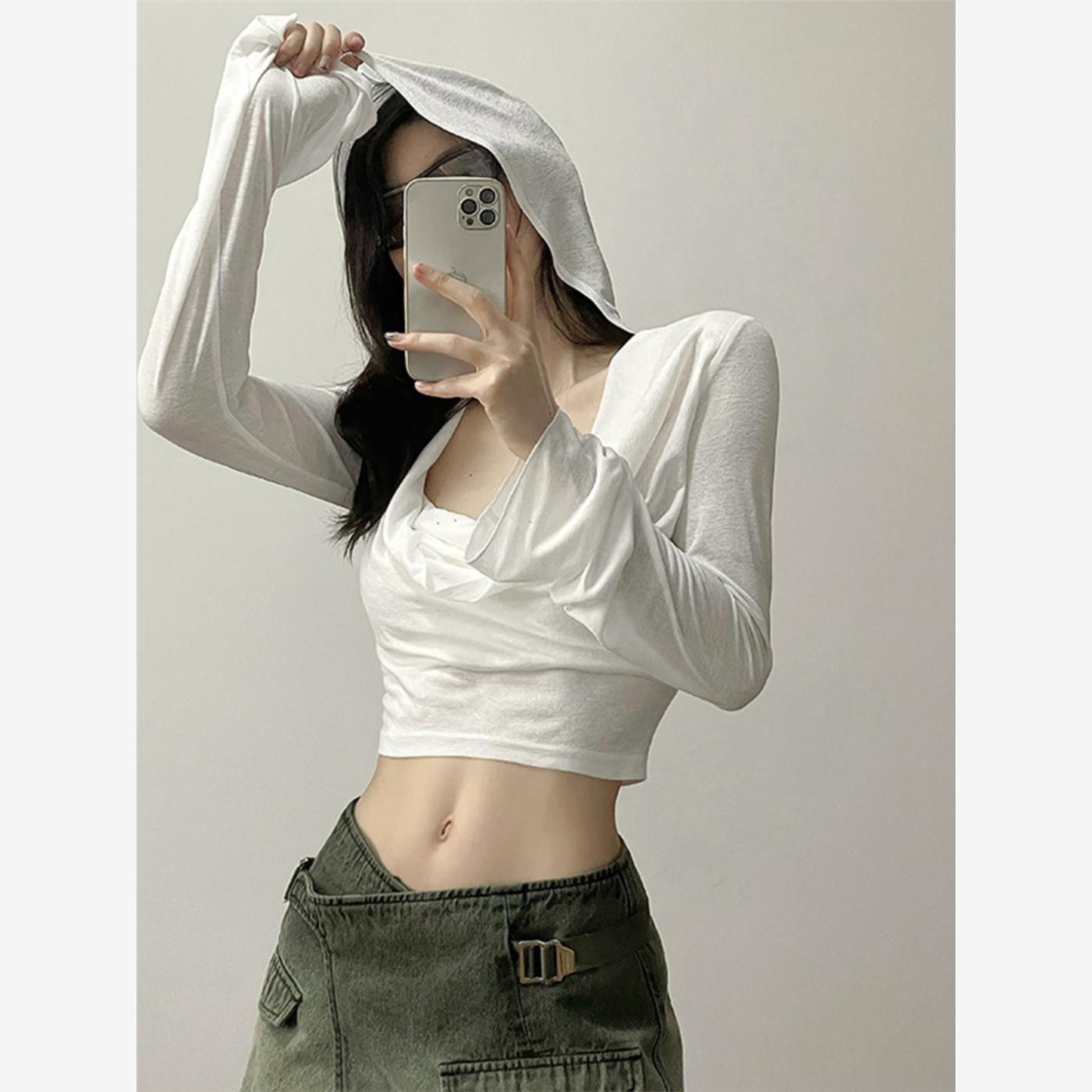 欧美辣妹风性感连帽t恤女