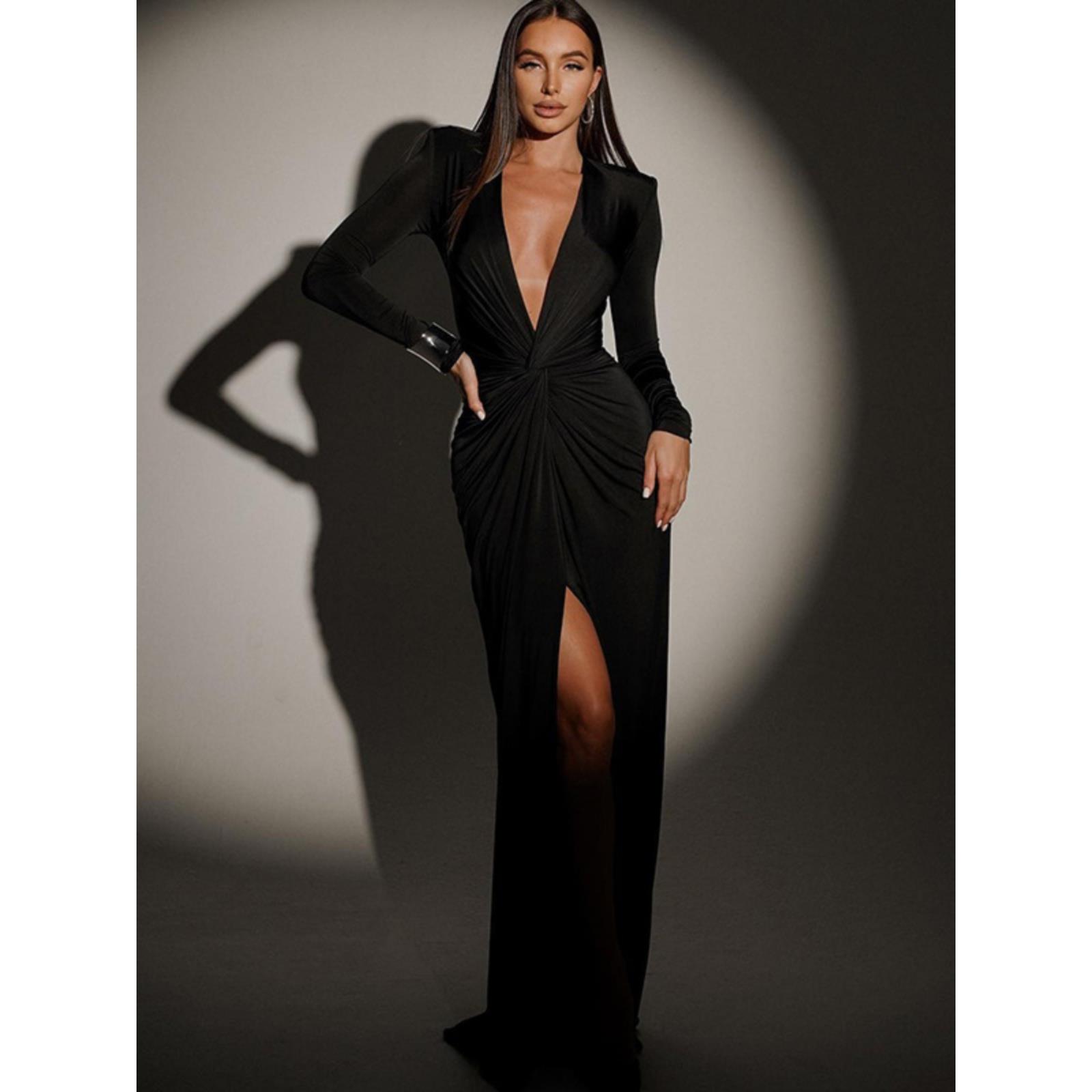 法式气质高级感御姐风收腰性感V领辣妹长裙早秋新款开叉连衣裙女