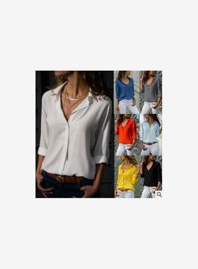 速卖通女装ebay亚马逊爆款长袖女士深V纽扣雪纺衫