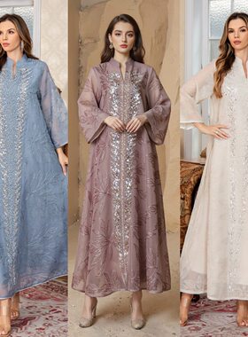 马来西亚网纱刺绣长袍沙特阿拉伯长裙阿巴亚珠片长袍 dresses
