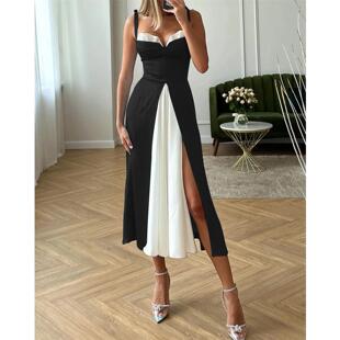 Strap Dress Split 欧美吊带开叉中长气质优雅假两件连衣裙女Sexy