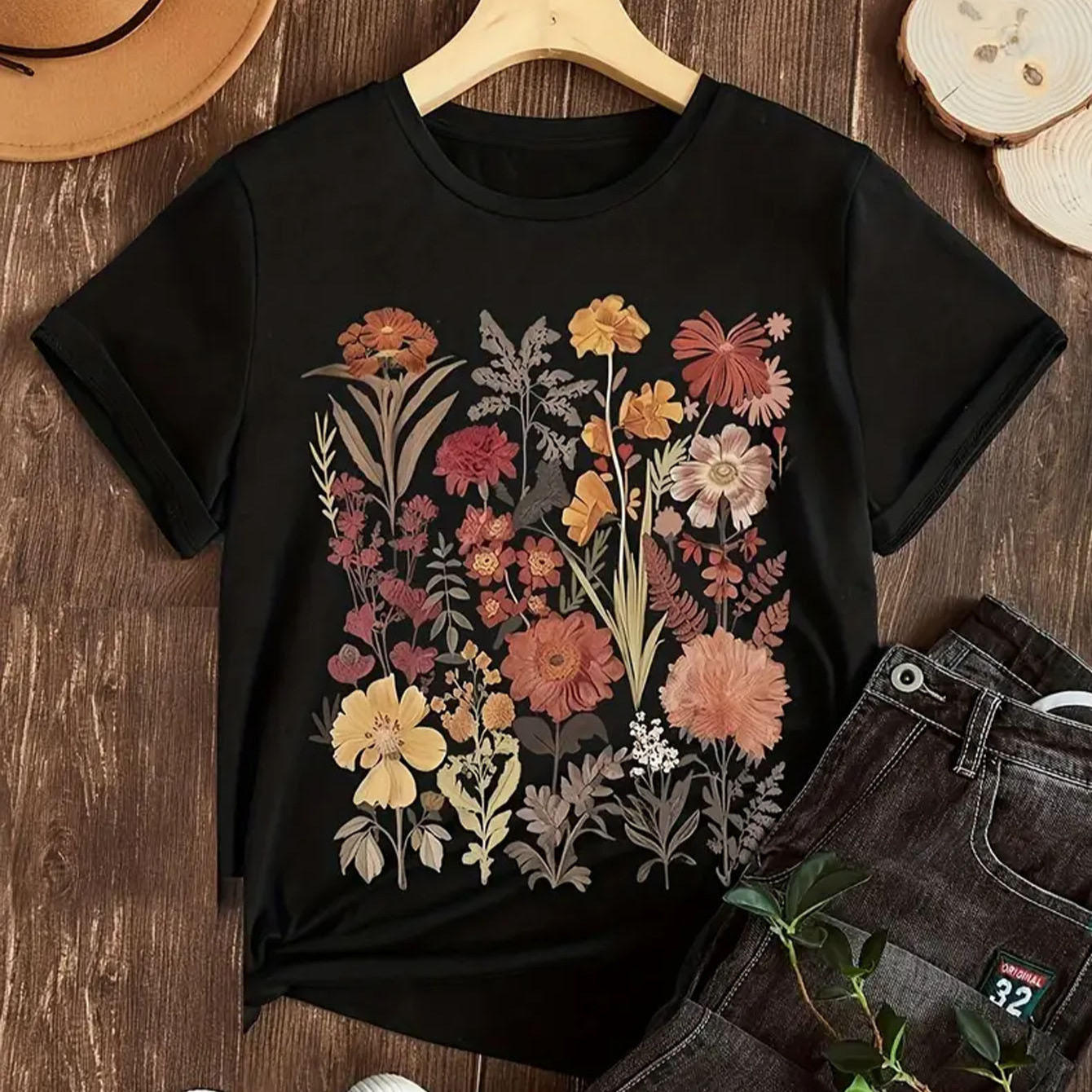 Colorful floral printed casual t-shirt 彩色花卉印花短袖T恤女
