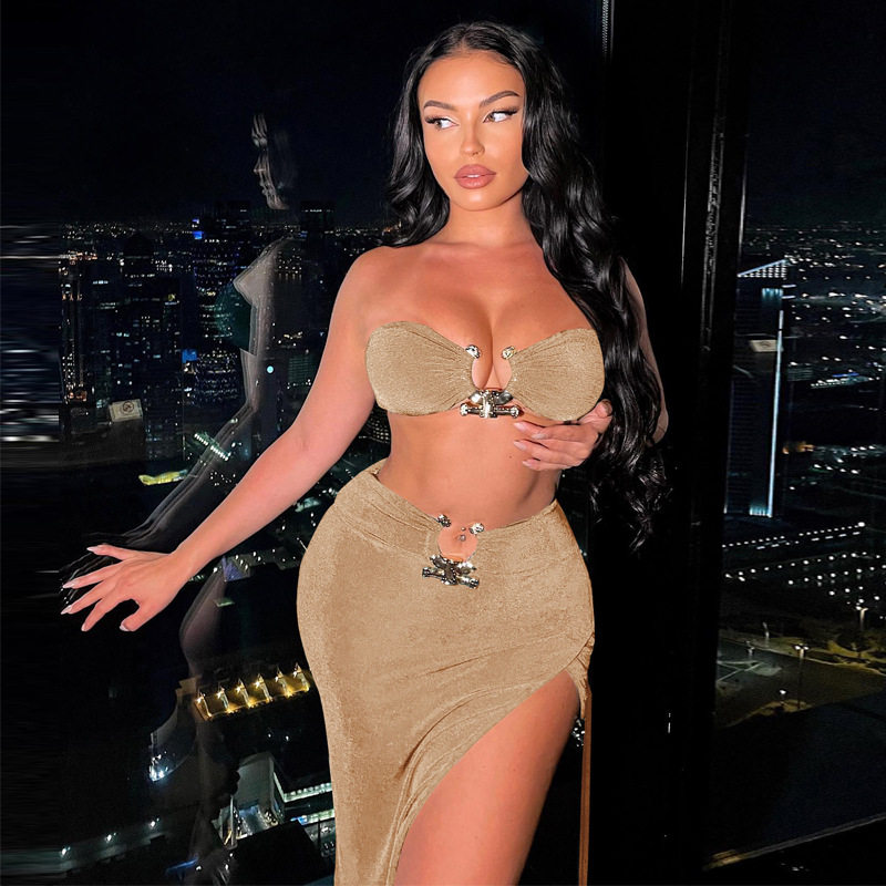 2024欧美外贸女装新款抹胸露脐露背上衣性感开衩包臀半身裙两件套