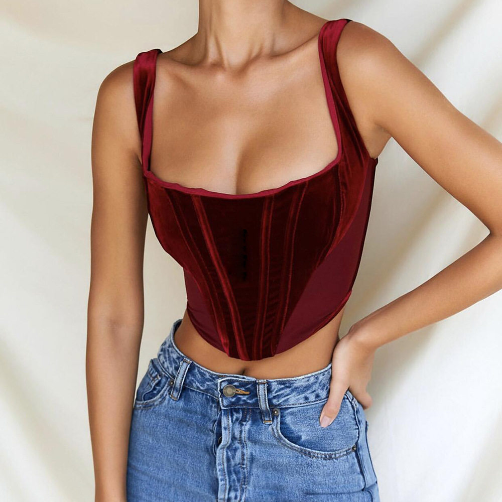 吊带露背露肩性感修身鱼骨丝绒背心女Fishbone velvet vest women