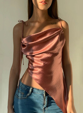 Women's satin sling irregular backless top粉色杏色紫色设计