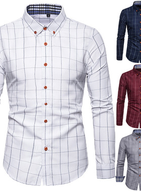 men plaid dress shirts 2018春季时尚格子男士休闲修身长袖衬衫