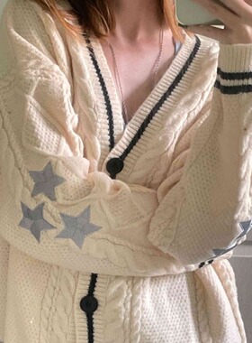 2024针织开衫女V领条纹麻花钮扣Casaco de camisola solto